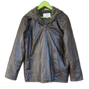 Brandon Thomas leather winter coat with hood color deep coffee brown